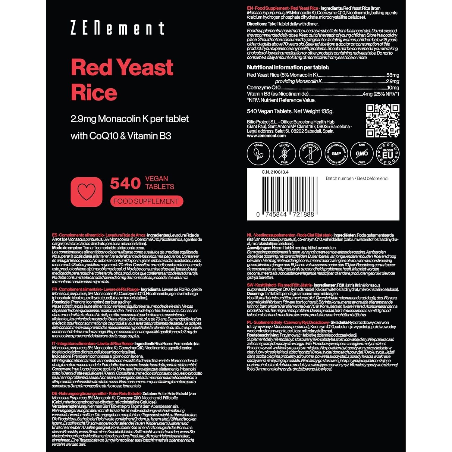 Red Yeast Rice, 540 Vegan Tablets | Provides 2.9Mg Monacolin K, Enriched with Coenzyme Q10 and Vitamin B3 | Citrinin Free | Zenement