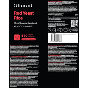 Red Yeast Rice, 540 Vegan Tablets | Provides 2.9Mg Monacolin K, Enriched with Coenzyme Q10 and Vitamin B3 | Citrinin Free | Zenement