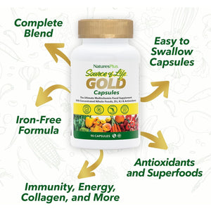 Naturesplus Source of Life Gold Capsules - Whole Food Based Multivitamin for Men and Women, Energy, Immune, Focus - Gluten Free, Vegan - 90 Capsules