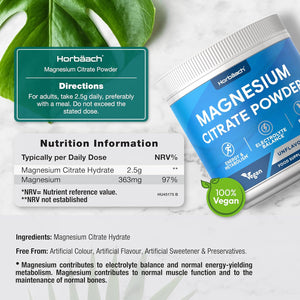 Magnesium Citrate Powder | High Absorption Formula | 250G - 100 Servings | Electrolyte Balance | Pure & High Strength Supplement | Vegan & Unflavoured | for Men & Women | by Horbaach