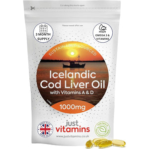 Icelandic Cod Liver Oil 1000Mg | 90 Premium Softgels | High Strength Omega 3 with Vitamins a & D | Supports Heart, Brain & Eye Health | UK Made - Just Vitamins