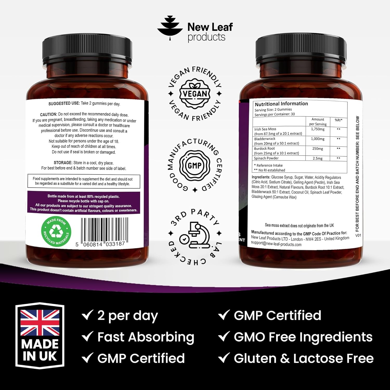 Sea Moss Gummies - Enriched with Irish Sea Moss, Burdock Root and Bladderwrack - High Strength 3000Mg Vegan Gummy - Seamoss Gummies Made in UK by New Leaf 60 Gummys