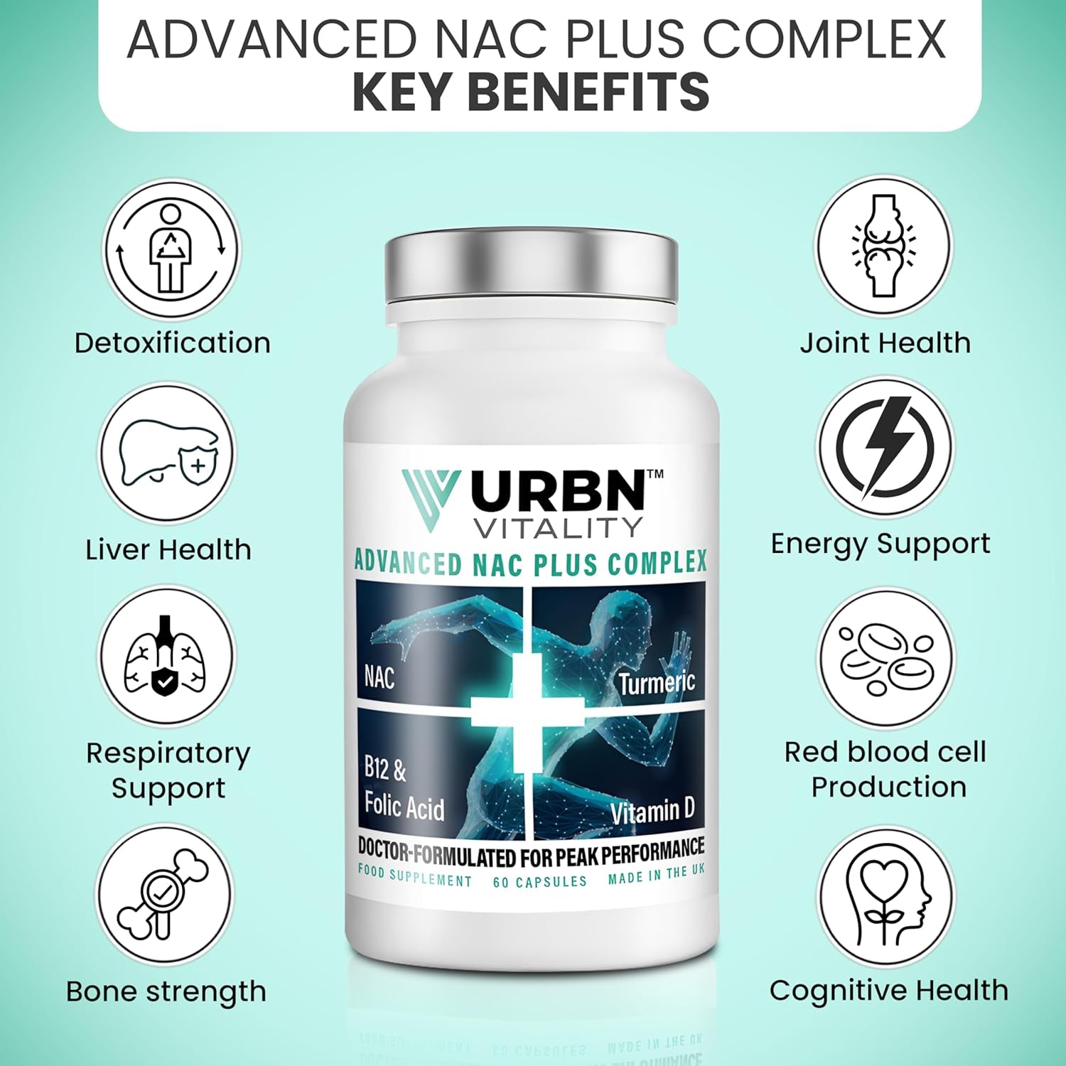 Urbn Vitality NAC + Turmeric Complex | Vitamin D3, B12 & Folate | 12-In-1 Supplement with Piperine | Energy, Recovery & Immune Support | 60 Vegetarian Capsules