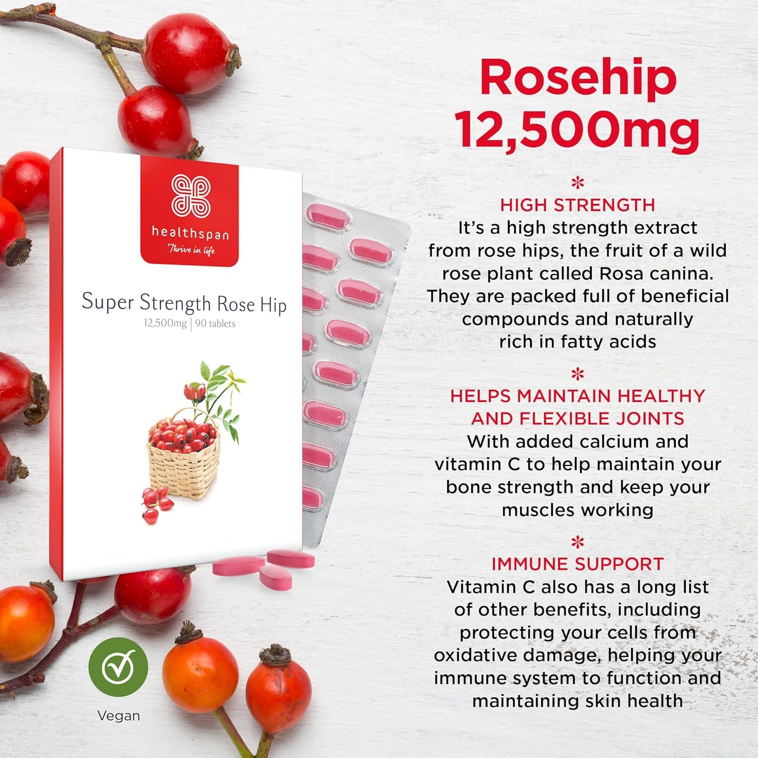 Healthspan Rose Hip 12,500Mg (90 Tablets) | Supports Joint & Immune Health | Helps Maintain Flexible Joints | Added Vitamin C & Calcium | Fatty Acids | Flavonoids | Vegan