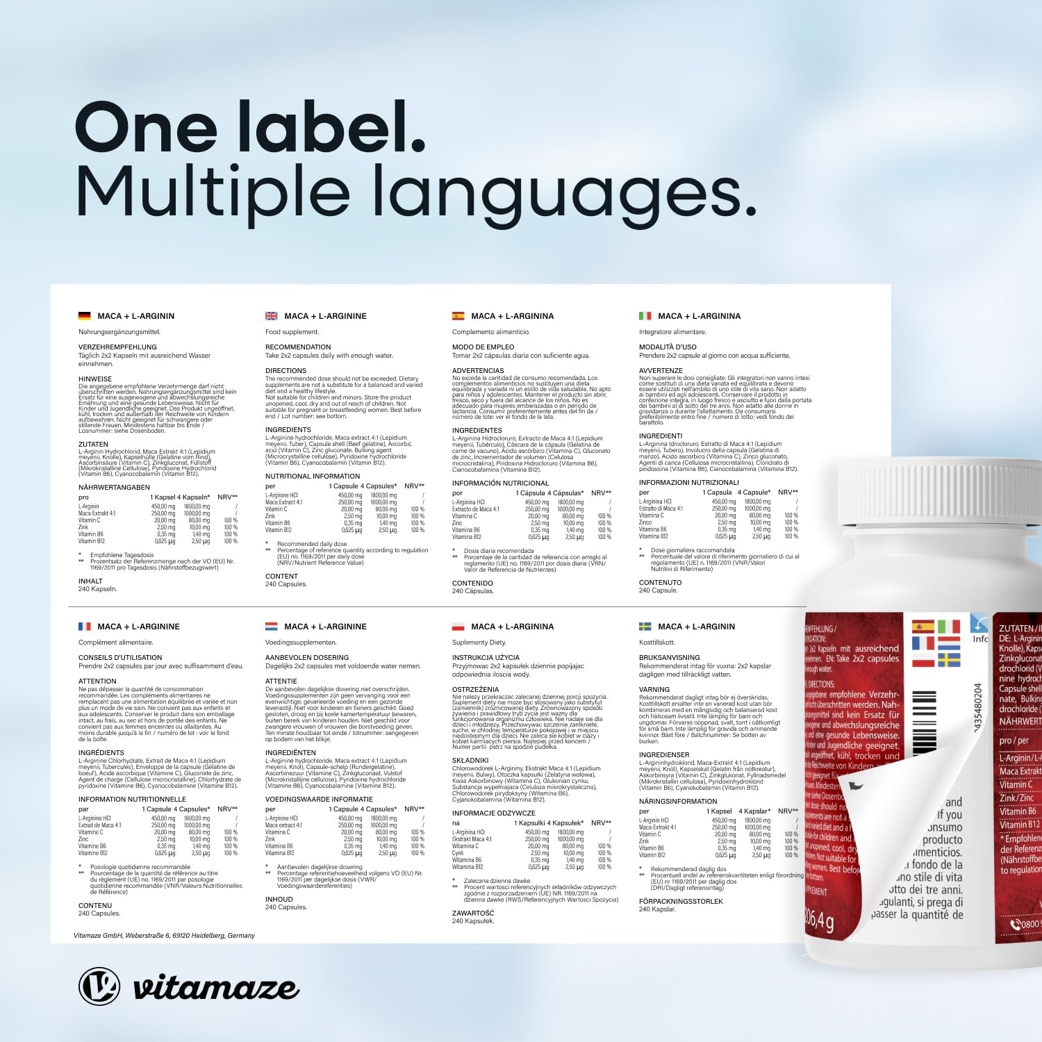 Maca Root Capsules for Women and Men with L-Arginine, B6, B12 and Zinc - Hormonal Balance, Anti-Stress, Energy Booster - 240 Capsules for 2 Months - Organic Supplement, German Quality- Vitamaze