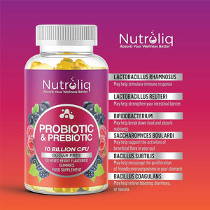 Nutroliq Prebiotic & Probiotic Sugar-Free Gummies - Gut Health Supplements for Women, Men, Kids to Support Digestive System, Immune System Booster - 10 Billion CFU per Serving, Vegan - 60 Gummies