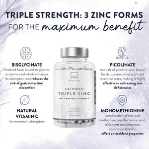 Triple Zinc 25Mg - 3 Forms of Zinc with Natural Vitamin C - Zinc Picolinate, Zinc Bisglycinate and Zinc Monomethionine - 180 High Strength Zinc Tablets - 6 Months Supply - Zinc Supplements