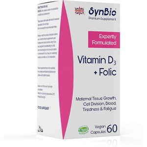 Synbio Premium - Vitamin D3 + Folic Acid | 60 Capsules | Vegan Certified | Nut Free | SOYA Free | Dairy Free | Yeast Free | Made in the UK |