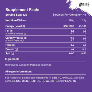 Warrior Collagen Powder 500G – Hydrolysed Peptides (Bovine) – Supplements for Women & Men – Pure Nutrition Supplement – Improves Muscle Recovery, Skin Health, Joint Support –Halal Cert (Unflavoured)