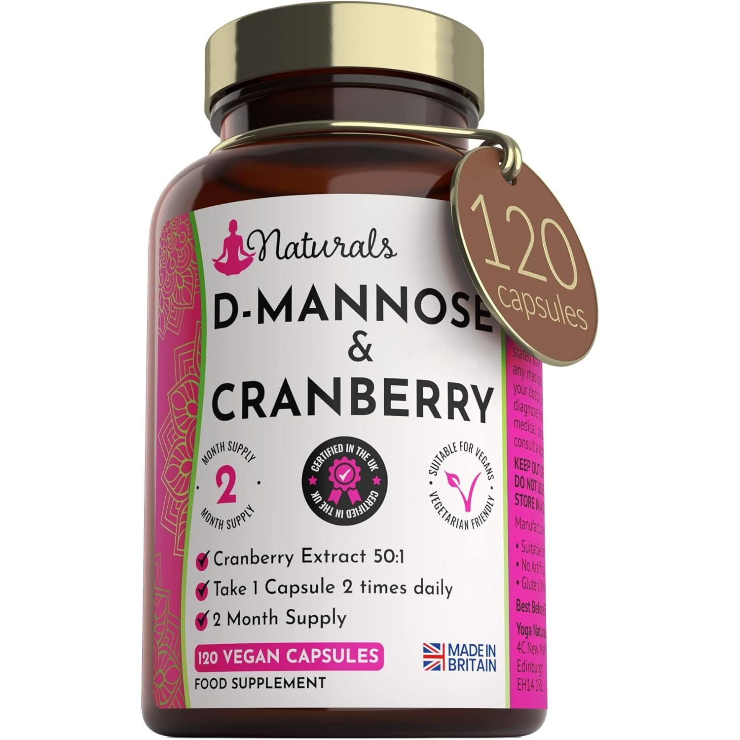 120 D-Mannose and Cranberry Capsules - (2 Months Supply) 1000Mg Extract per Serving - UK Made Vegan Supplement (Not Tablets) - High Strength Natural UTI Support for Women & Men