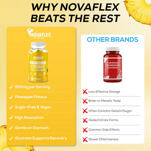 Novaflex Nutrition - Magnesium Glycinate Gummies 600Mg – High Absorption Magnesium with Calcium, Vitamin D & B6 – Pineapple Flavour, 60 Vegan Gummies – Supports Energy & Muscle Function