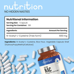 Vitabright NAC Supplement | 600Mg | 180 Capsules | Acetylcysteine Nutritional Supplements | Swallow or Twist Open Capsules of Powder | Pure Clean NAC N-Acetyl-Cysteine 600Mg Supplement