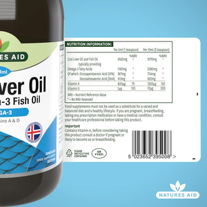 Natures Aid Cod Liver Oil Liquid 500Ml - High Strength Omega-3 Fish Oil with Vitamins a & D - Supports Immune System Heart Health Brain Function and Vision - Non-Gmo - Purity Guaranteed