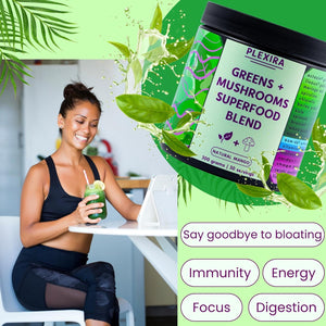 Super Greens Powder with Mushrooms 300G by Plexira – Natural Mango Greens Superfood Blend for Gut Health, Focus and Immunity