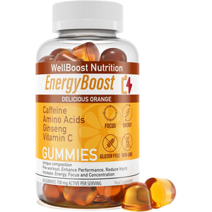 Energy Boost - Pre Workout, Caffeine, Ginseng, VIT C, L-Carnitine, Beta-Alanine, Chewable Gummies for Men & Women - 60 Gummies - Orange Flavour, Suitable for Vegans