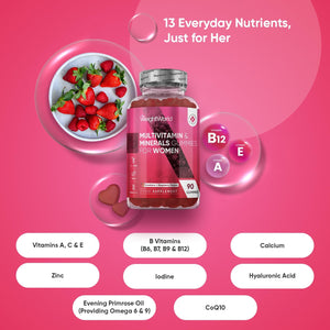 Multivitamin Gummies for Women - 13 Active Ingredients - 90 Gummies - Natural Strawberry & Raspberry Flavour - Women Multivitamins with Zinc, Calcium, Hyaluronic Acid & Vitamins A, C, B6, B7, B9 & B12