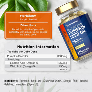 Pumpkin Seed Oil Capsules 3000Mg | Omega 6 and 9 Fatty Acids | Cold-Pressed | High Strength Supplement | 200 Softgels | by Horbaach
