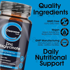High Strength Zinc Tablets 50Mg in Bisglycinate | 400 Vegan Tablets | 6+ Months Supply | High Absorption Zinc Supplements for Men and Women | by Clearwave Health