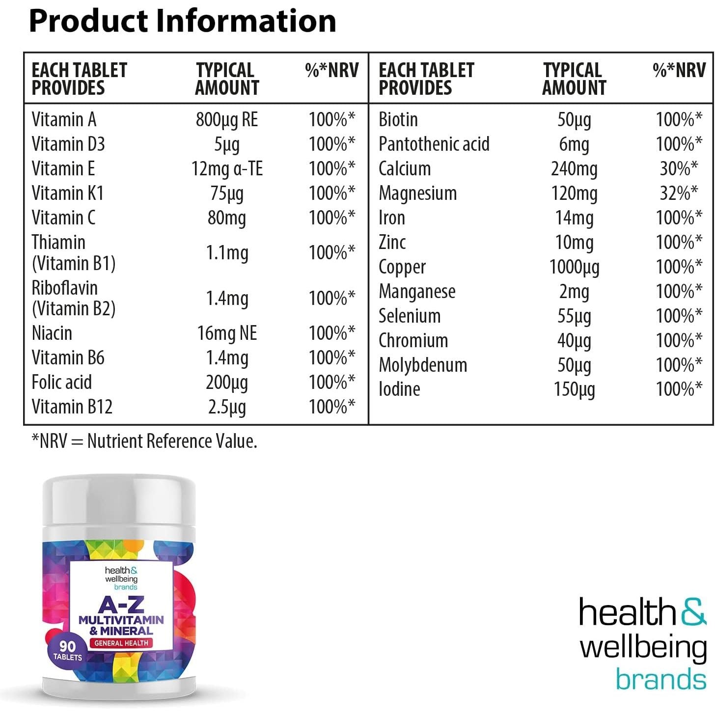 A-Z Multivitamin and Minerals Tablets, Vitamins for Men'S and Women'S, 23 High Strength Vitamins and Minerals Including Iron, Zinc Vitamin C and More (90)