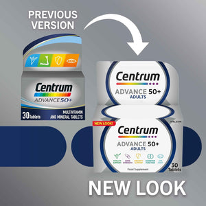 Centrum Advance 50+ Tablets Multivitamin & Mineral Supplements, with 24 Essential Nutrients, Including Vitamin D, C, Zinc, 30 Ct