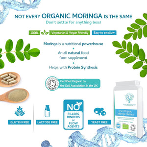 Pure Organic Moringa Oleifera 500Mg 120 Capsules - No Fillers or Flowing Agents - 100% Natural Soil Association Certified High Strength Superfood with All Essential Amino Acids