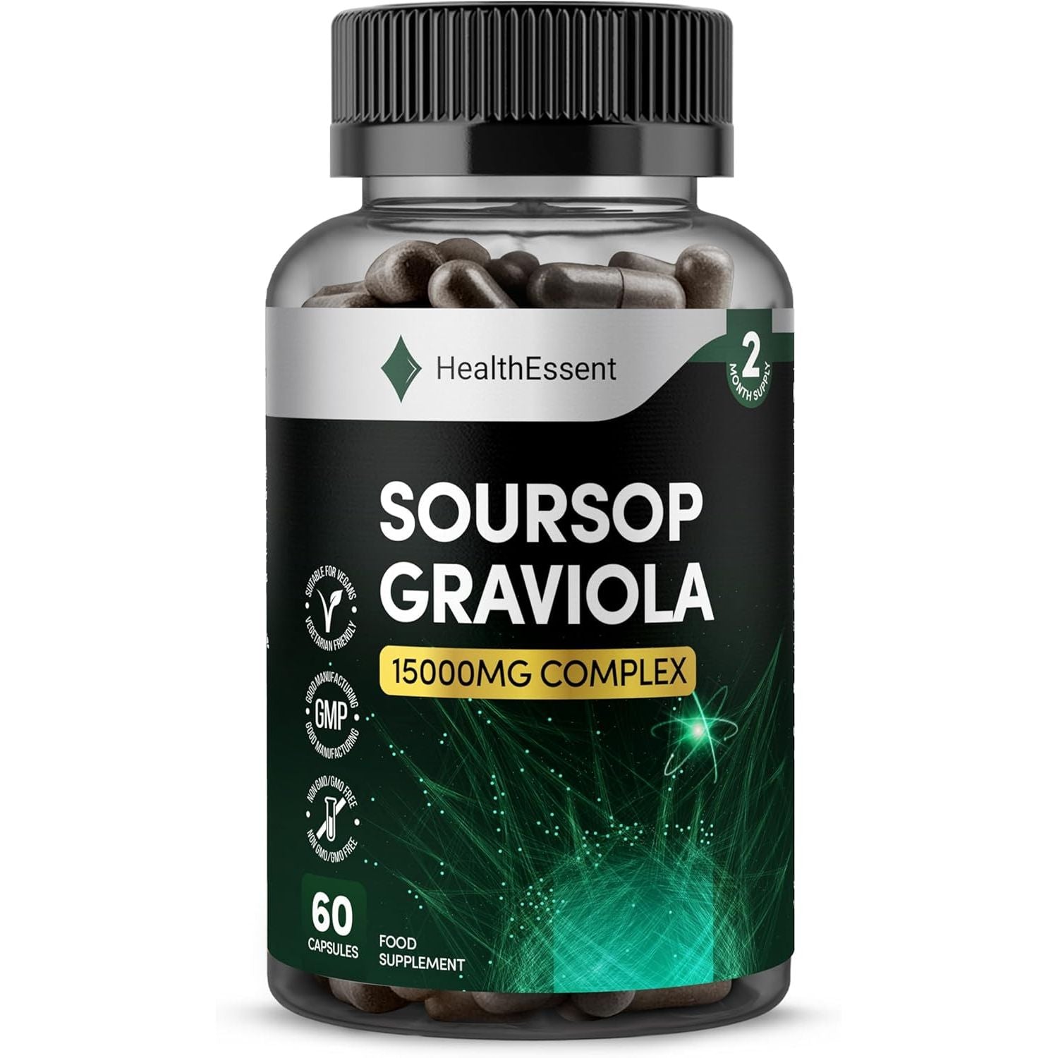 Soursop Graviola Fruit Extract Capsules, 15000Mg High Strength Complex - Antioxidant & Immune Support - (2 Month Supply) - 60 Vegan Capsules by Healthessent