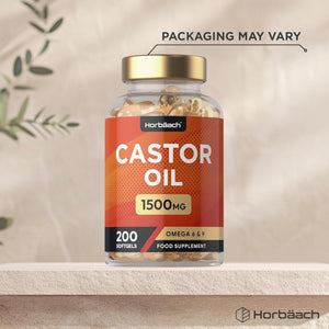 Castor Oil Capsules 1500Mg | 200 Softgel Capsules | Rich in Omega 6 & 9 | Castor Oil Supplement | by Horbaach