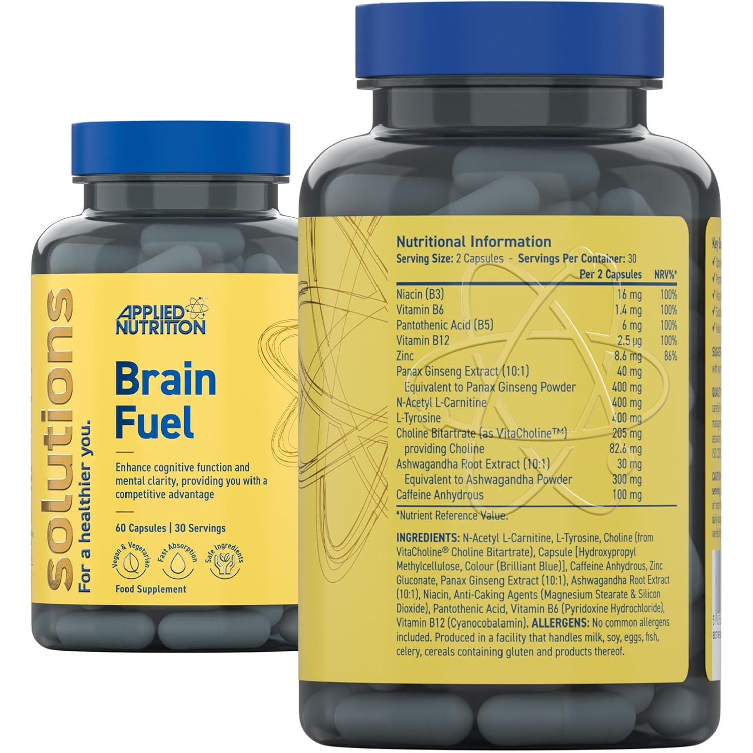 Applied Nutrition - Solutions - Brain Fuel - Capsules with Nootropics, Vitamins, & Panax Ginseng - Best Focus Booster - Enhances Mental Performance - (60 Capsules – 30 Servings)
