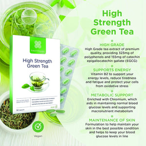 Healthspan High Strength Green Tea (90 Tablets) | with Chromium & Vitamin B2 to Maintain Normal Blood Glucose Levels | Protect Cells from Oxidative Stress | Vegan