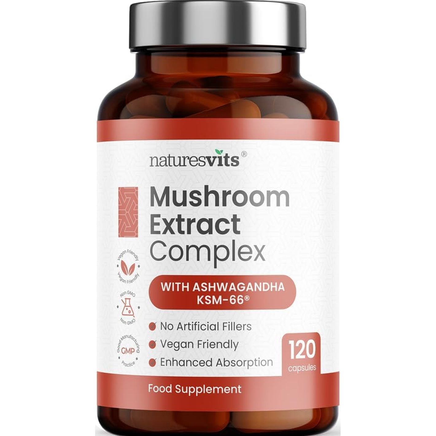 4000Mg 6 Mushroom Complex with Ashwaghandha KSM-66, Lions Mane, Cordyceps, Shiitake, Reishi, Chaga and Maitake, 120 Capsules, 2/Day Focus and Brain Support Herbal Nootropic - 40% Polysaccharides