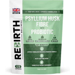 Psyllium Husk Fibre Supplement 4000Mg with Probiotic Acidophilus – 120 Capsules, High Fiber Supplement for Digestion & Gut Health,3Rd Party Lab Tested, UK Made by Rebirth Wellness