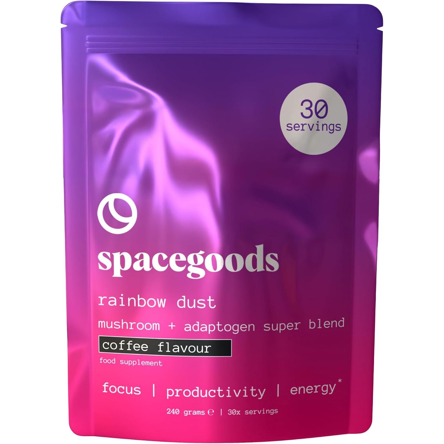 Spacegoods Rainbow Dust 240G | 30 Servings | Flavoured Mushroom Coffee | 120Mg of Natural Caffeine | Lions Mane, Chaga, Ashwagandha & Vitamin B5| Sharper Focus, Energy & Calm | Coffee