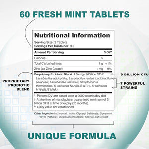 Dental Probiotics Advanced Oral Probiotics for Mouth Supplement - Bad Breath Treatment for Adults with BLIS K12 & BLIS M18-6 Billion CFU, Mint Flavour Chewable Oral Care Tablets - 60 Count