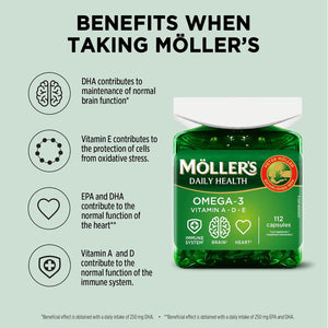 Moller’S ® | Omega-3 Capsules | Fish Oil | Nordic Omega-3 Dietary Supplement with EPA and DHA and Vitamins A, D and E | 166-Year-Old-Brand | Daily Health | 112 Capsules