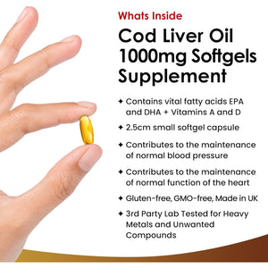 Cod Liver Oil Softgels 1000Mg - 180 Cod Liver Soft Gels High Strength Softgels- Cod Liver Oil Rich in Omega 3 EPA DHA Fatty Acids + Vitamins a & D, High Strength Fish Oil - UK Made, by New Leaf