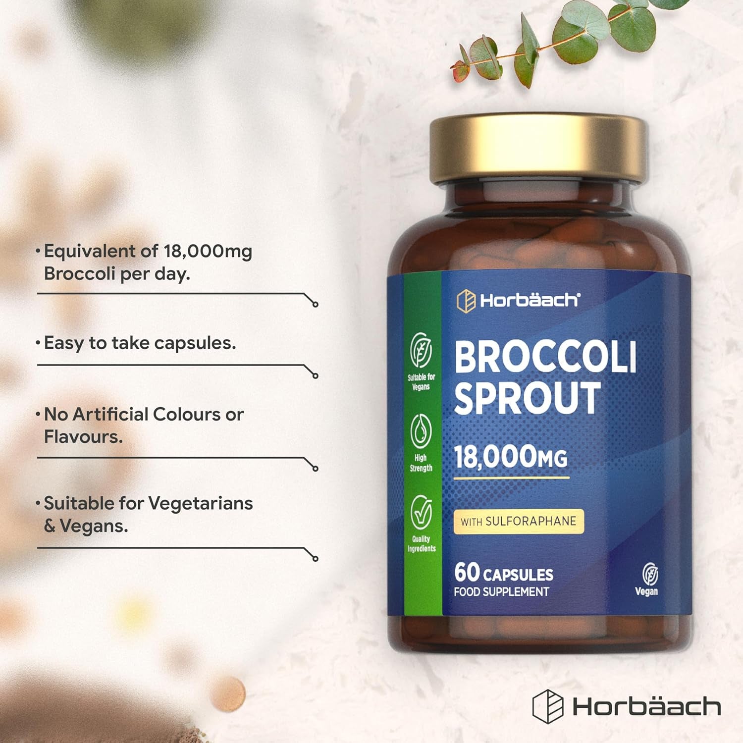 Broccoli Sprout Extract 18,000Mg | Activated Sulforaphane Supplement | 60 Vegan Capsules | High Strength | by Horbaach