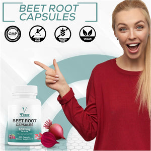 Vinco Beetroot Capsules - 1200Mg Organic Beetroot Powder per Serving - Uk-Made, Non-Gmo, Gluten-Free, Vegan Food Beet Root Supplements - Support Blood Pressure, Digestion, Immune System - 200 Capsules