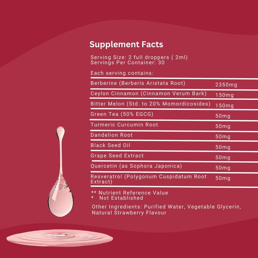 Berberine Liquid Drops 3000Mg, Blood Sugar Support, Glucose Balance & Metabolic Health, High Strength Berberine Supplement, 60Ml, Strawberry Flavour
