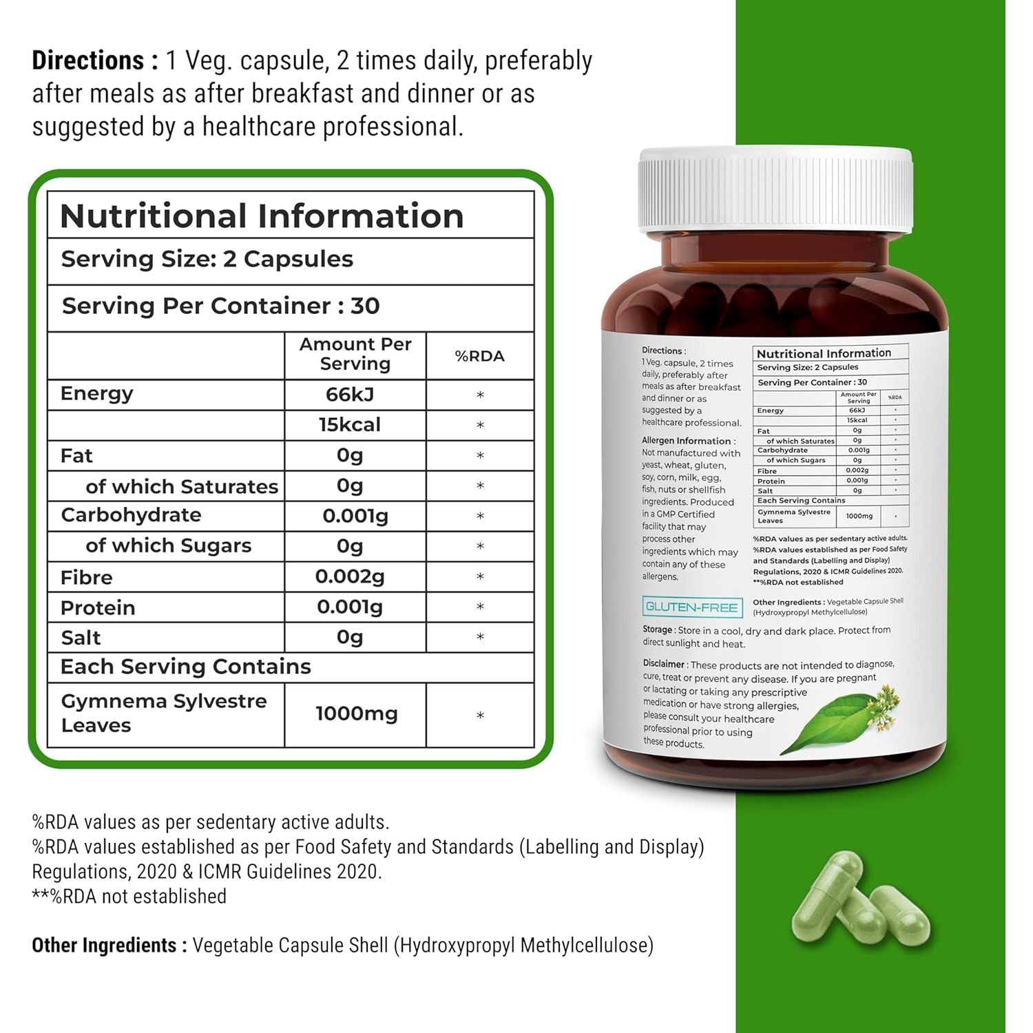 Gymnema Sylvestre Capsule 1000Mg | Dietary Supplement for Healthy Blood Sugar Levels | Chromium Picolinate Alternate| Support Metabolism - 60 Vegan Capsules