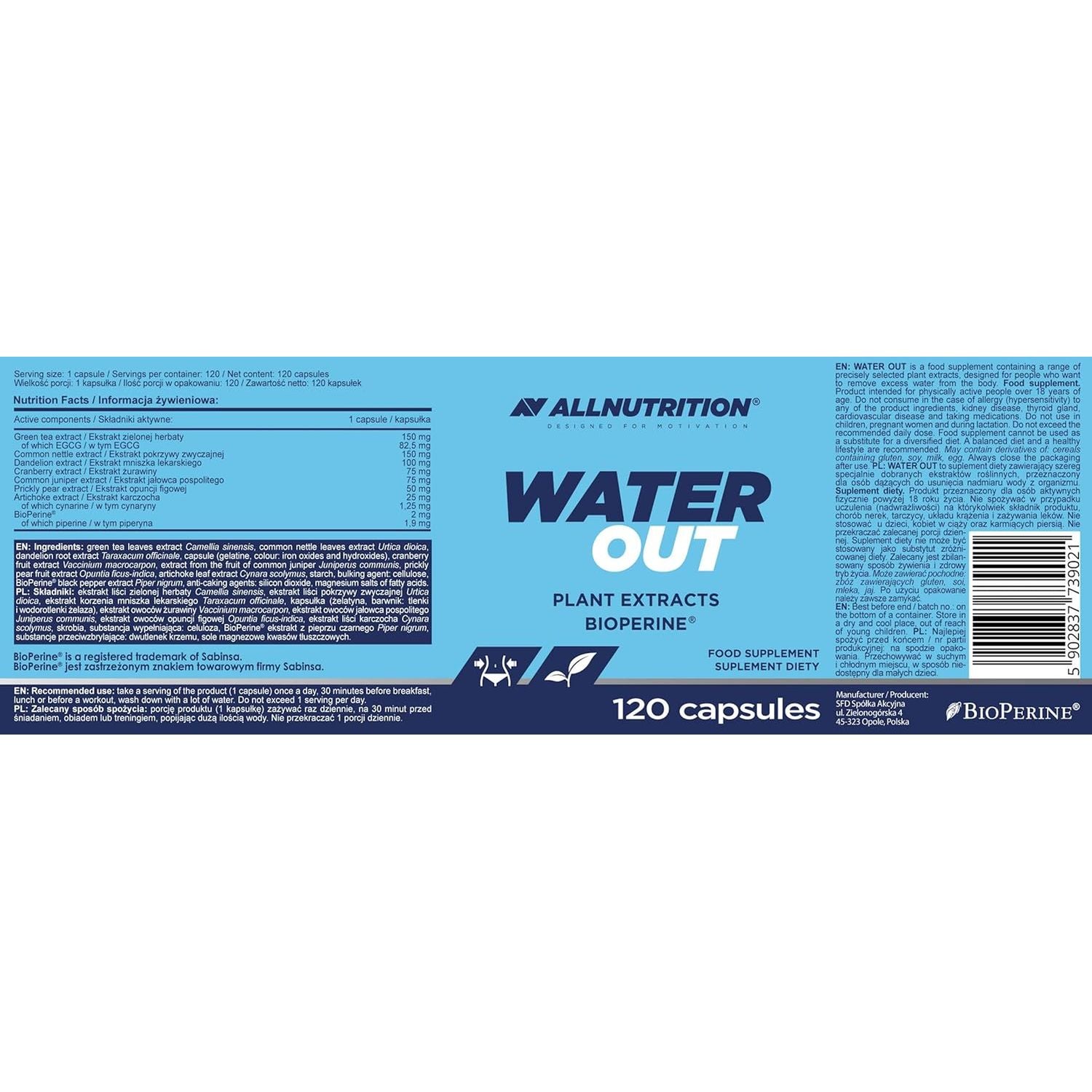 ALLNUTRITION Water Out Food Supplement to Remove Excess Water - Natural Detoxification and Weight Loss with Plant Extracts Bioperine 120 Capsules