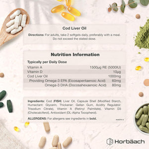 Cod Liver Oil Gelatine Free 1000Mg | 120 Capsules | High Strength Supplement with Vitamin A, D and Omega 3 DHA/EPA | Suitable for Pescatarians | by Horbaach