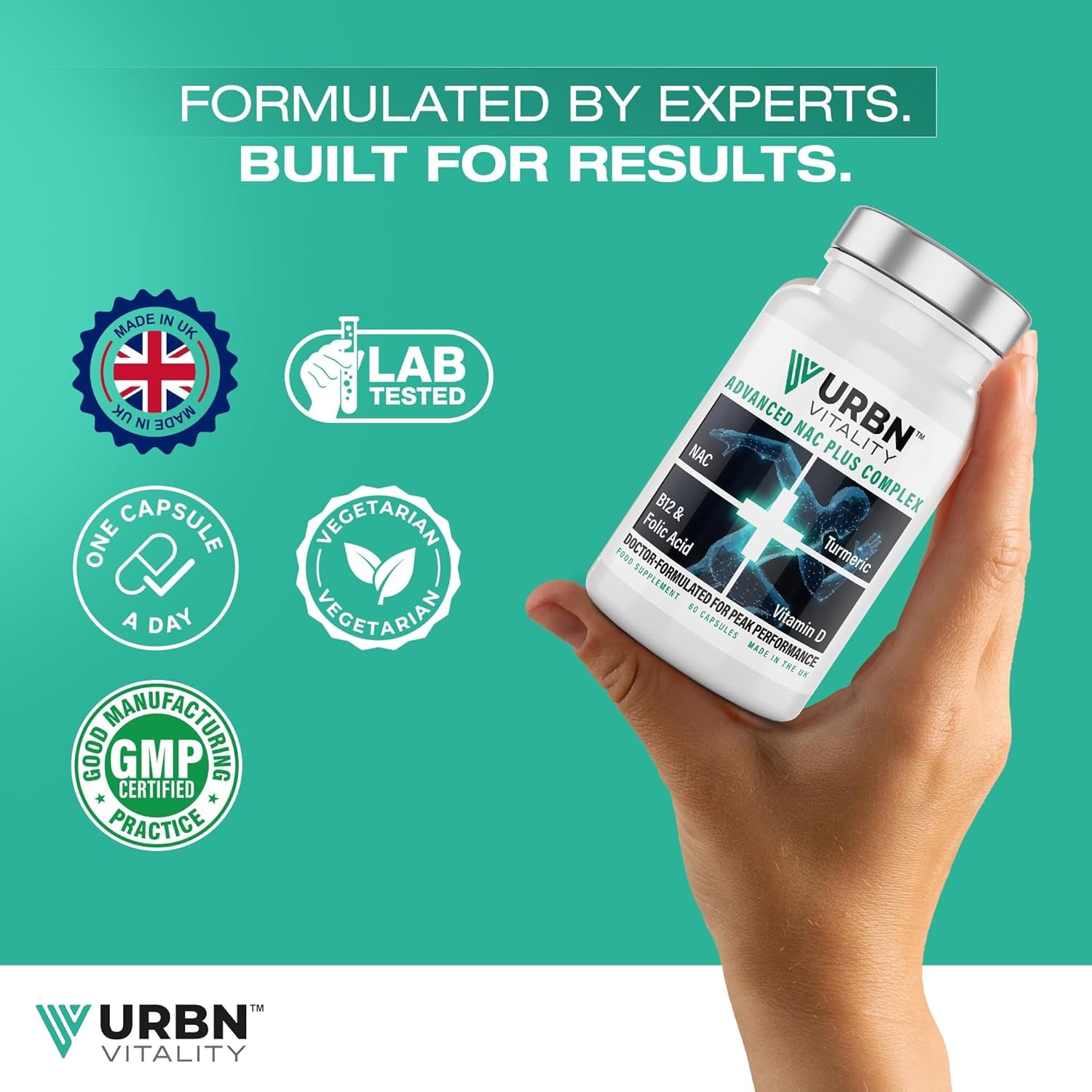 Urbn Vitality NAC + Turmeric Complex | Vitamin D3, B12 & Folate | 12-In-1 Supplement with Piperine | Energy, Recovery & Immune Support | 60 Vegetarian Capsules