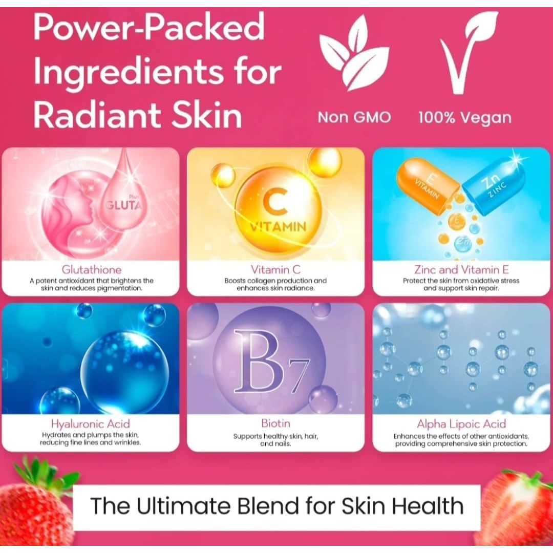 Ayaani Glutathione Glow+ 1200Mg - Effervescent Beauty Tablets with Vitamin C, Hyaluronic Acid & Alpha Lipoic Acid - Skin Brightening & Antioxidant Support - Strawberry Flavour - 20 Tablets