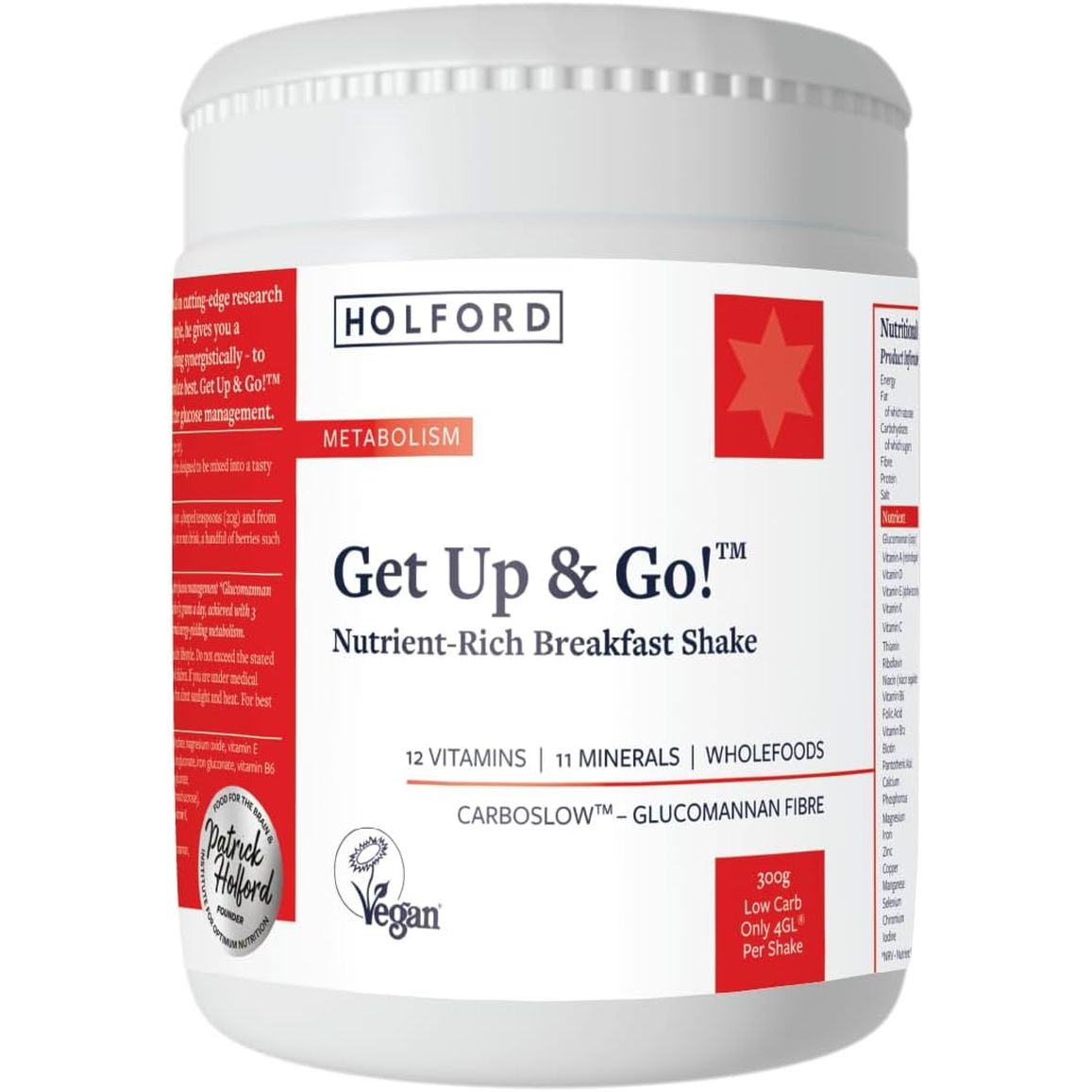 PATRICK HOLFORD Get up & Go/Multi-Vitamin & Mineral Supplement Shake Powder/For Weight Management Support / 24 Nutrients plus Glucomannan/Naturally Sourced/Powder/Vegan/For Women & Men