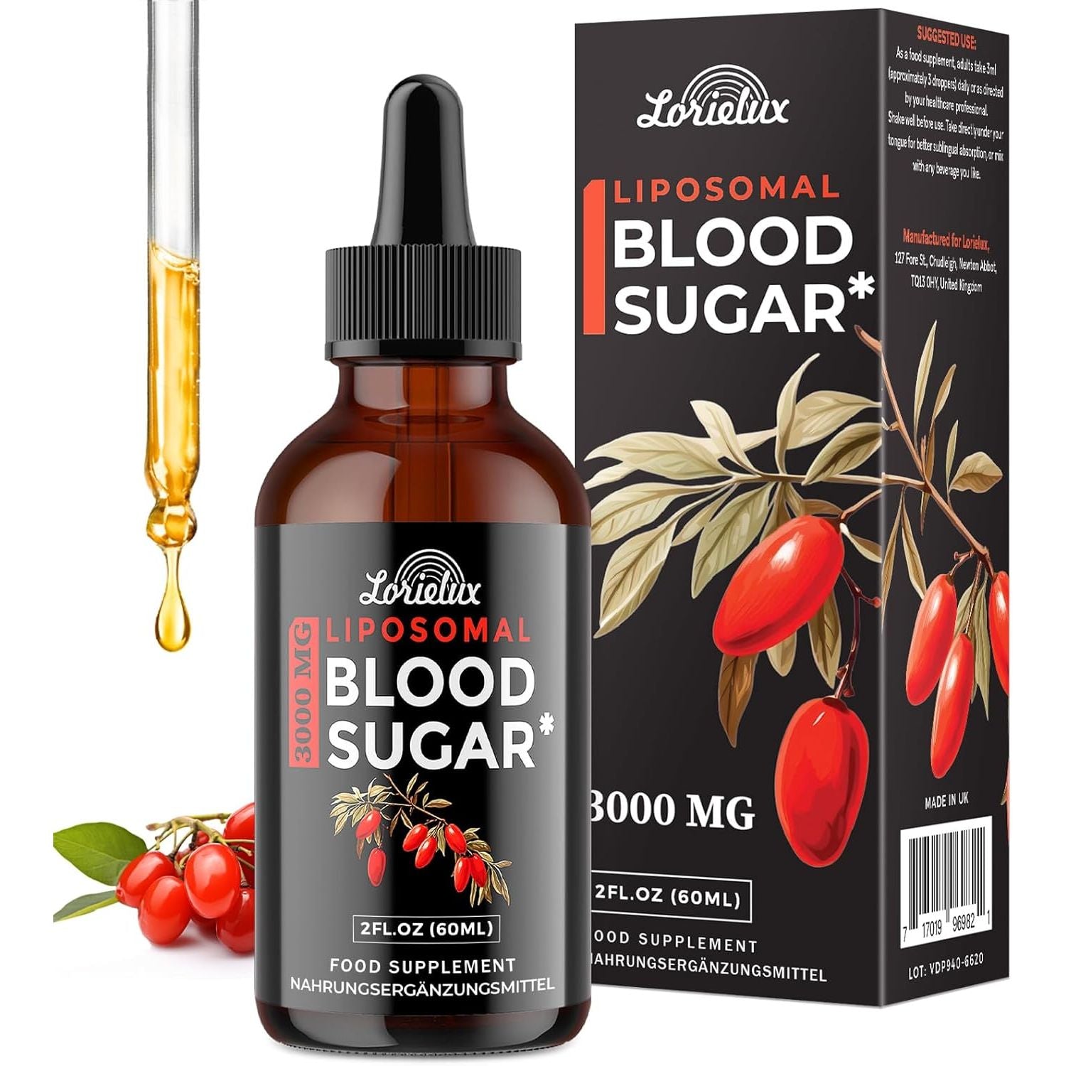 Liposomal Blood Sugar Support Drops - 3000 Mg Advanced Formula for Glucose Support & Metabolic Health - Prebiotic Fibre for Digestive Health – Vegan, Non-Gmo – 60 Ml Liquid Supplement