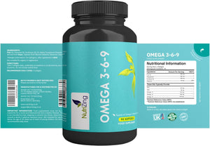 Omega 3 6 9 Triple Strength Fish Oil + Flaxseed Oil & Sunflower Oil - EPA & DHA - High Strength 1000Mg - Made in the UK - Omega369 in One Softgel by Nutrizing - Potent Essential Fatty Acids