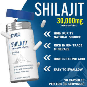 Applied Nutrition Shilajit Capsules 30,000Mg – 60% Fulvic Acid (750Mg 20:1 Extract) Pure Himalayan Supplement 85+ Minerals for Energy + Immunity - High Strength Antioxidant - 90 Capsules (30 Servings)