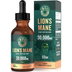 Lions Mane Supplement Liquid Drops 30,000Mg | High Strength Lions Mane | from Fruiting Body | 60Ml Bottle - Vegan | Wiseshrooms