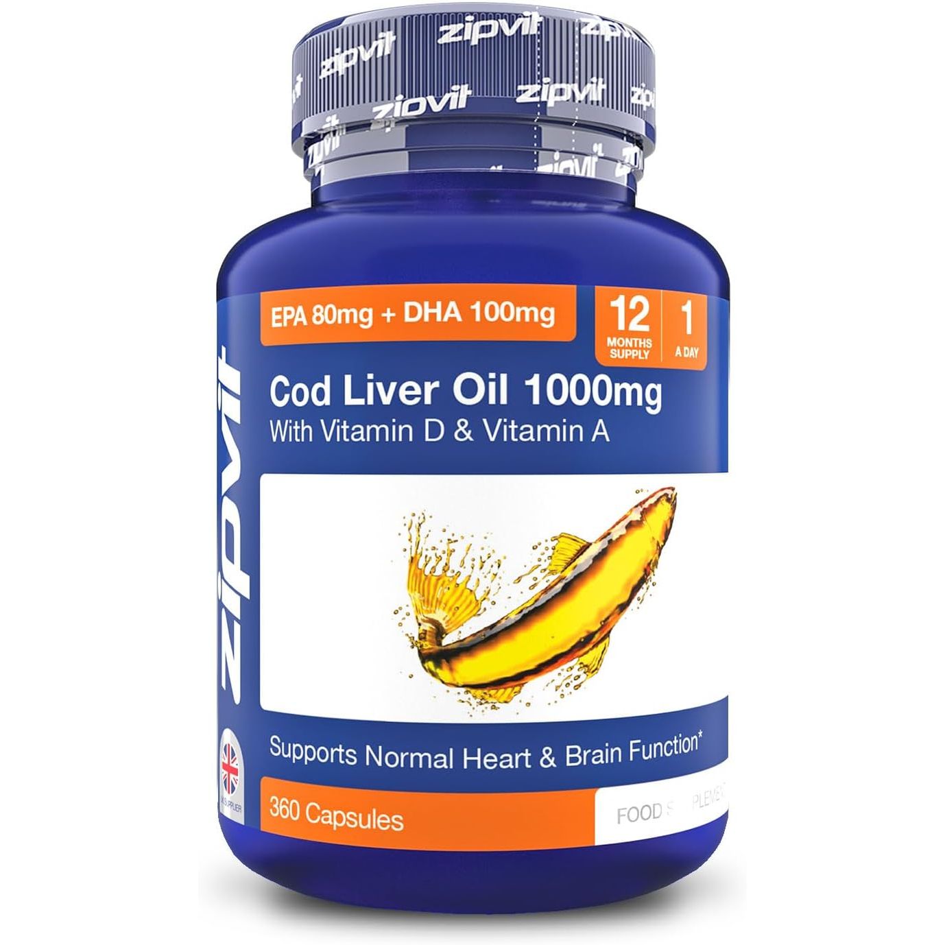 Zipvit Cod Liver Oil 1000Mg, 360 Capsules of High Strength Fish Oil, Rich in Omega 3. Supports Heart Health, Brain Health, Eye Health and Normal Blood Pressure