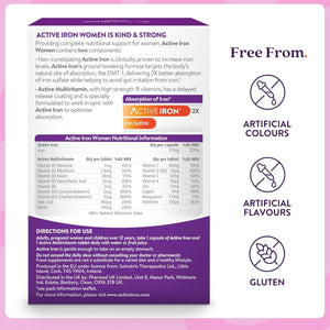 Active Iron Women with Active Multivitamin Supplement 17 Mg, High Strength B Vitamins, Non-Constipating, 30 Iron Capsules & 30 Active Multivitamins, 1 Month Supply